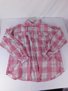 B Button-Up Shirt Womens M Pink Plaid Flannel Long Sleeve Stretch Casual Top
